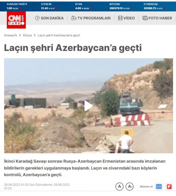 Türkiyə mediası Laçın şəhərinin Azərbaycanın nəzarətinə keçməsindən yazıb<font color=red> - FOTOLAR</font>