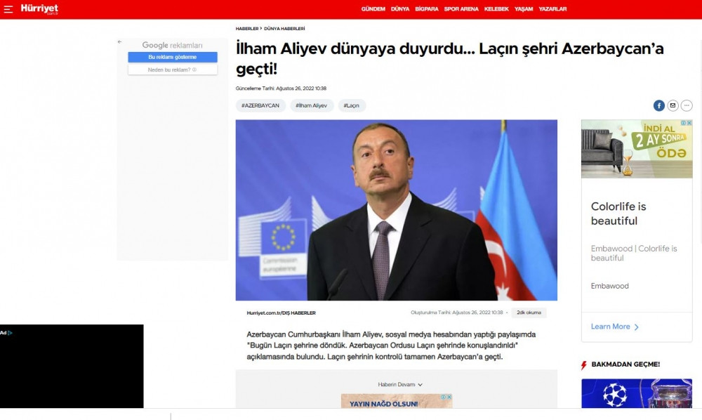 Türkiyə mediası Laçın şəhərinin Azərbaycanın nəzarətinə keçməsindən yazıb<font color=red> - FOTOLAR</font>