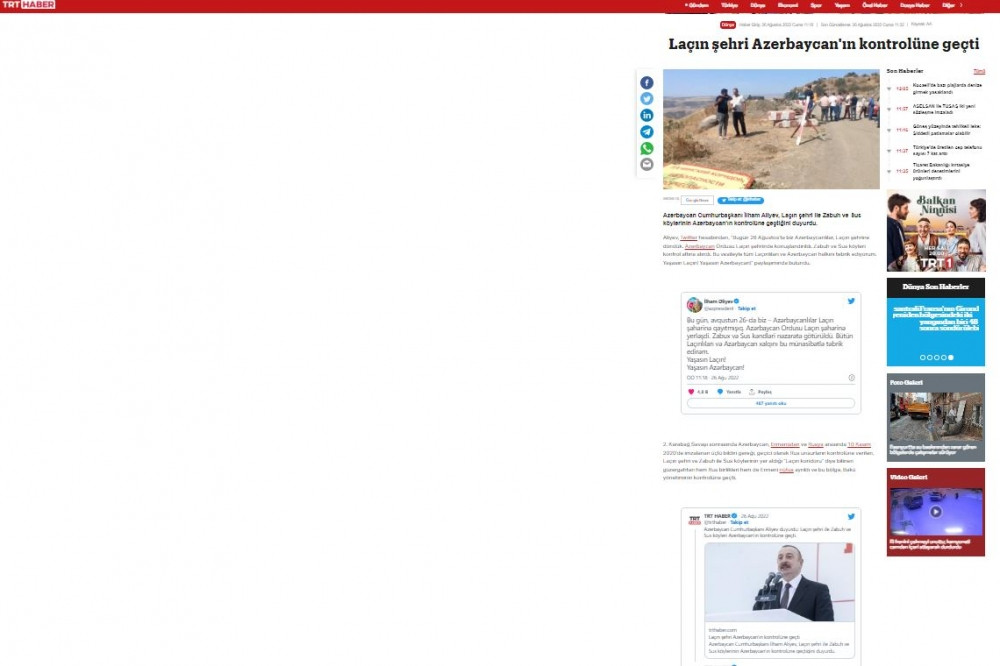 Türkiyə mediası Laçın şəhərinin Azərbaycanın nəzarətinə keçməsindən yazıb<font color=red> - FOTOLAR</font>
