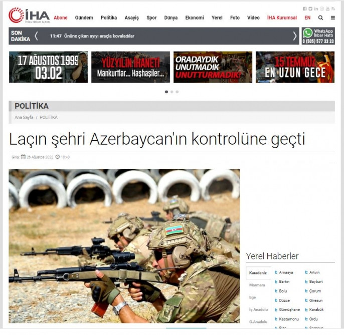 Türkiyə mediası Laçın şəhərinin Azərbaycanın nəzarətinə keçməsindən yazıb<font color=red> - FOTOLAR</font>