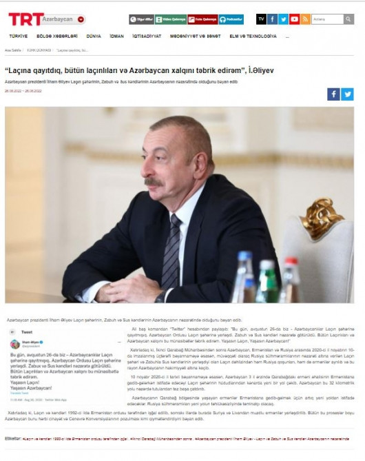Türkiyə mediası Laçın şəhərinin Azərbaycanın nəzarətinə keçməsindən yazıb<font color=red> - FOTOLAR</font>