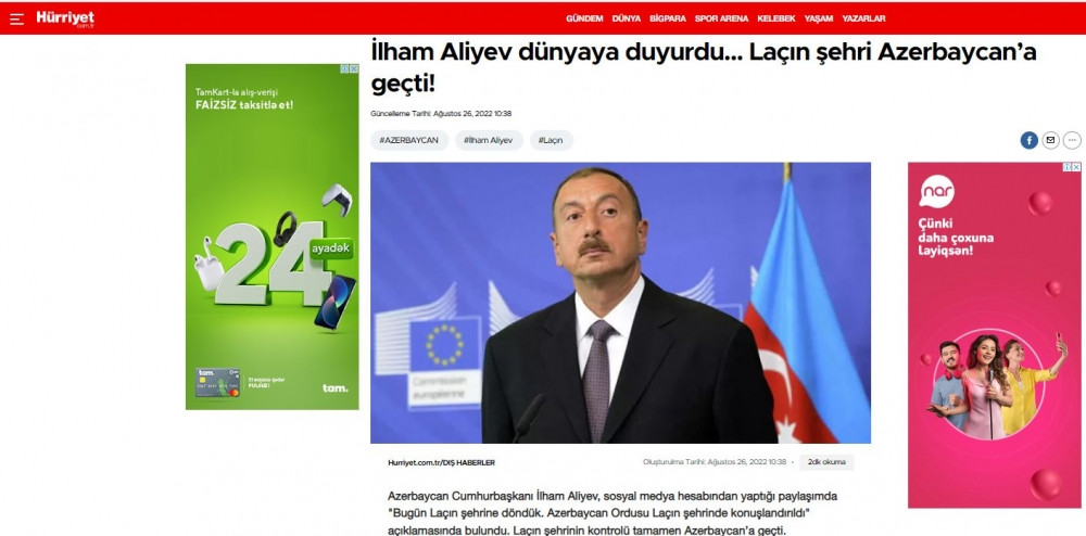 Türkiyə mediası Laçın şəhərinin Azərbaycanın nəzarətinə keçməsindən yazıb<font color=red> - FOTOLAR</font>