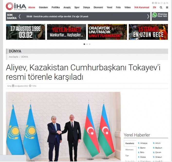 Türkiyə mediası Prezident İlham Əliyevin Qazaxıstanın “Qızıl qartal” ali ordeni ilə təltif olunmasına geniş yer ayırıb<font color=red> - FOTOLAR</font>