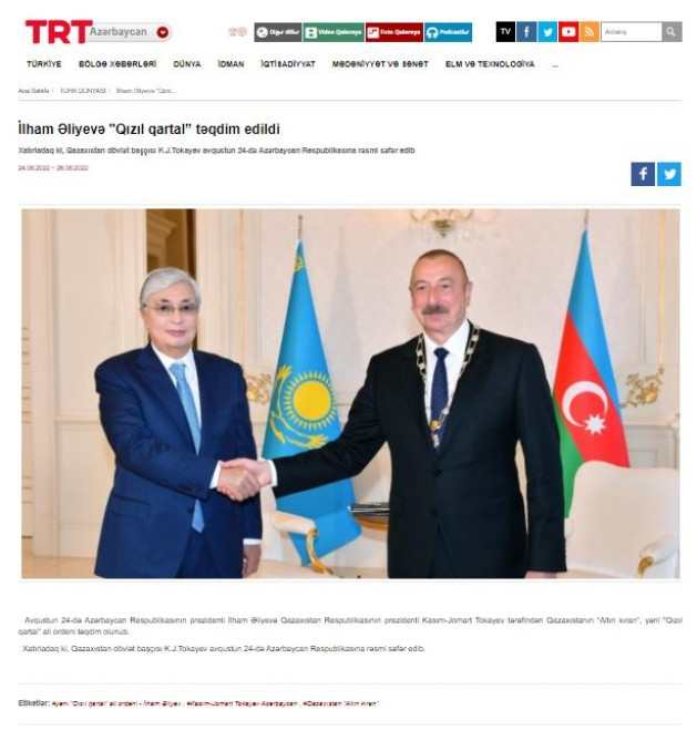 Türkiyə mediası Prezident İlham Əliyevin Qazaxıstanın “Qızıl qartal” ali ordeni ilə təltif olunmasına geniş yer ayırıb<font color=red> - FOTOLAR</font>