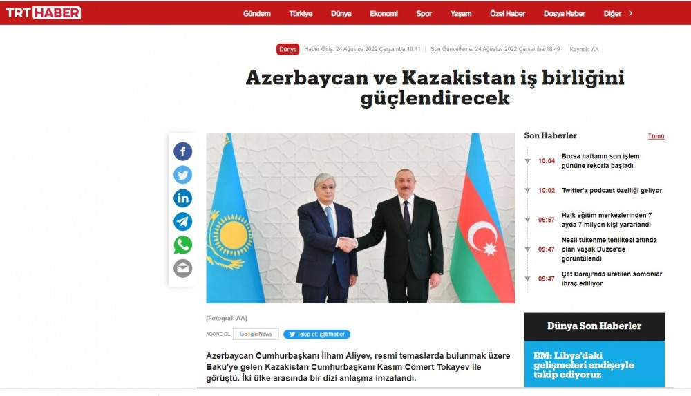 Türkiyə mediası Prezident İlham Əliyevin Qazaxıstanın “Qızıl qartal” ali ordeni ilə təltif olunmasına geniş yer ayırıb<font color=red> - FOTOLAR</font>