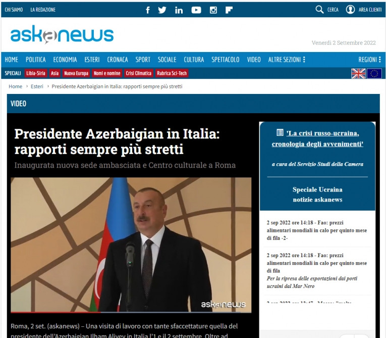 İtaliyanın aparıcı KİV-ləri Prezident İlham Əliyevin bu ölkəyə səfərini geniş işıqlandırıb<font color=red> - FOTOLAR</font>