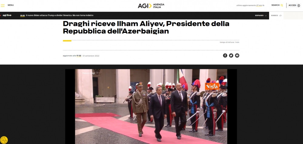 İtaliyanın aparıcı KİV-ləri Prezident İlham Əliyevin bu ölkəyə səfərini geniş işıqlandırıb<font color=red> - FOTOLAR</font>