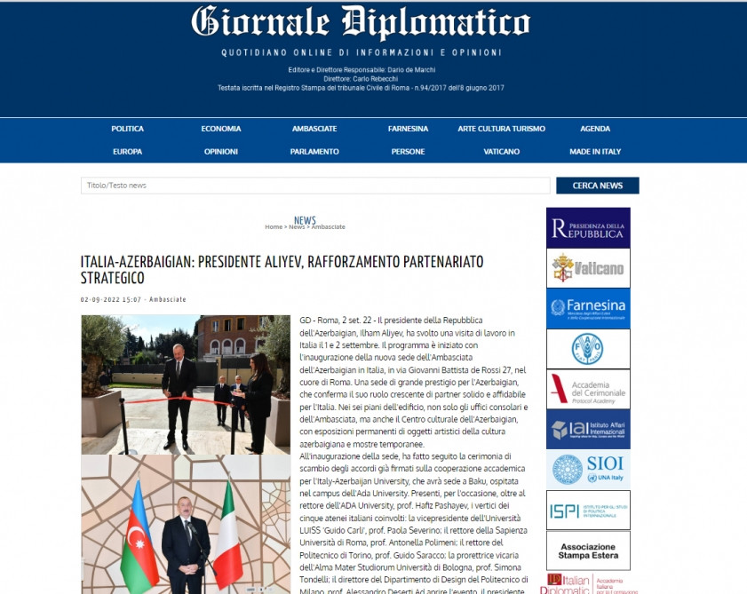 İtaliyanın aparıcı KİV-ləri Prezident İlham Əliyevin bu ölkəyə səfərini geniş işıqlandırıb<font color=red> - FOTOLAR</font>