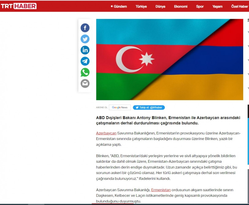 Türkiyə mediası: “Təxribat və itkilərə görə bütün məsuliyyət Ermənistanın hərbi-siyasi rəhbərliyinin üzərinə düşür”<font color=red> - FOTOLAR</font>