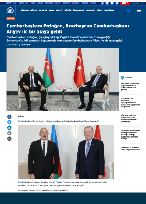 Azərbaycan və Türkiyə prezidentlərinin Səmərqənd görüşü Türkiyə mediasının diqqət mərkəzində olub<font color=red> - FOTOLAR</font>