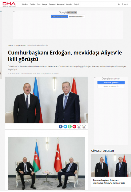 Azərbaycan və Türkiyə prezidentlərinin Səmərqənd görüşü Türkiyə mediasının diqqət mərkəzində olub<font color=red> - FOTOLAR</font>