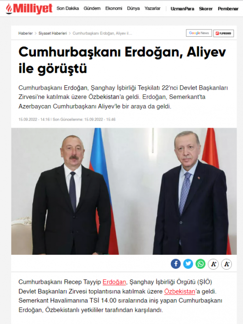 Azərbaycan və Türkiyə prezidentlərinin Səmərqənd görüşü Türkiyə mediasının diqqət mərkəzində olub<font color=red> - FOTOLAR</font>
