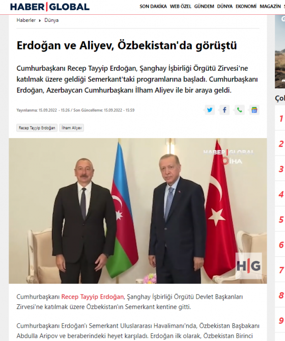 Azərbaycan və Türkiyə prezidentlərinin Səmərqənd görüşü Türkiyə mediasının diqqət mərkəzində olub<font color=red> - FOTOLAR</font>