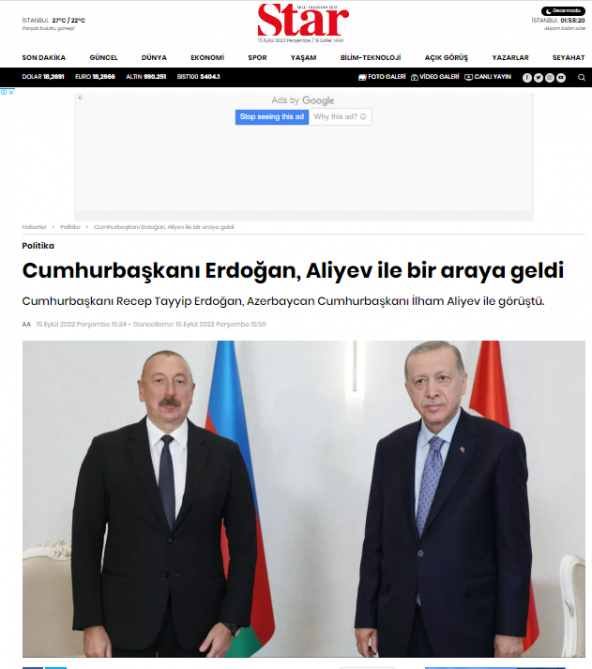 Azərbaycan və Türkiyə prezidentlərinin Səmərqənd görüşü Türkiyə mediasının diqqət mərkəzində olub<font color=red> - FOTOLAR</font>