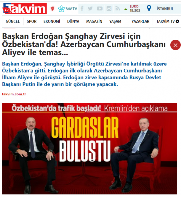 Azərbaycan və Türkiyə prezidentlərinin Səmərqənd görüşü Türkiyə mediasının diqqət mərkəzində olub<font color=red> - FOTOLAR</font>