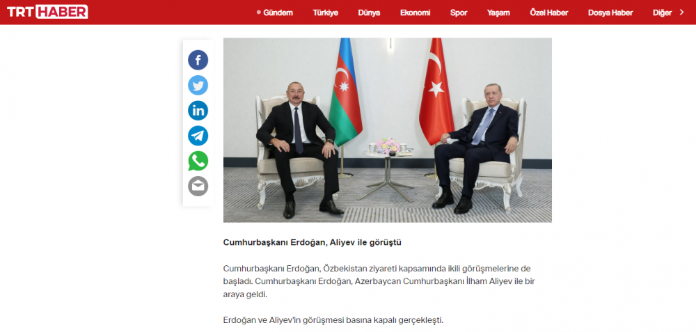 Azərbaycan və Türkiyə prezidentlərinin Səmərqənd görüşü Türkiyə mediasının diqqət mərkəzində olub<font color=red> - FOTOLAR</font>