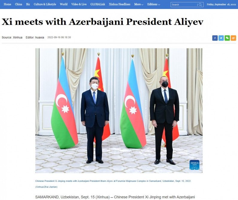 Prezident İlham Əliyevin Çin lideri Si Cinpinlə görüşü bu ölkənin mediasının diqqət mərkəzindədir<font color=red> - FOTOLAR</font>