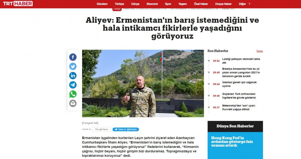 Prezident İlham Əliyevin Laçında Azərbaycan Bayrağını ucaltması Türkiyə mediası tərəfindən geniş işıqlandırılıb<font color=red> - FOTOLAR</font>