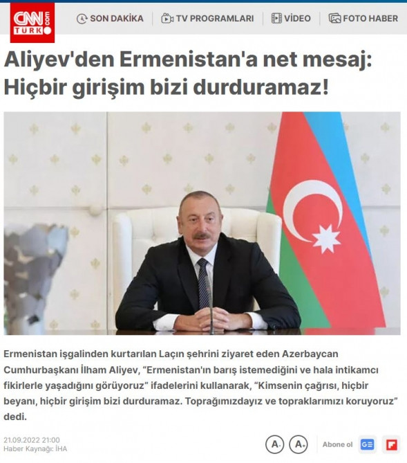 Prezident İlham Əliyevin Laçında Azərbaycan Bayrağını ucaltması Türkiyə mediası tərəfindən geniş işıqlandırılıb<font color=red> - FOTOLAR</font>
