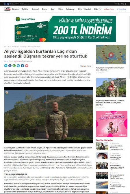 Prezident İlham Əliyevin Laçında Azərbaycan Bayrağını ucaltması Türkiyə mediası tərəfindən geniş işıqlandırılıb<font color=red> - FOTOLAR</font>