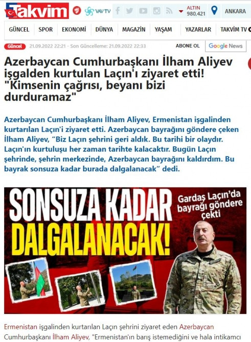 Prezident İlham Əliyevin Laçında Azərbaycan Bayrağını ucaltması Türkiyə mediası tərəfindən geniş işıqlandırılıb<font color=red> - FOTOLAR</font>