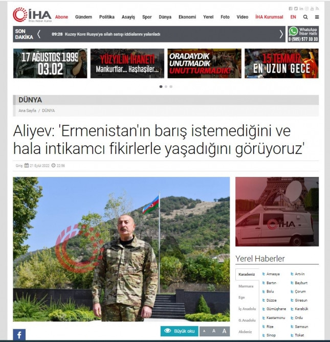 Prezident İlham Əliyevin Laçında Azərbaycan Bayrağını ucaltması Türkiyə mediası tərəfindən geniş işıqlandırılıb<font color=red> - FOTOLAR</font>
