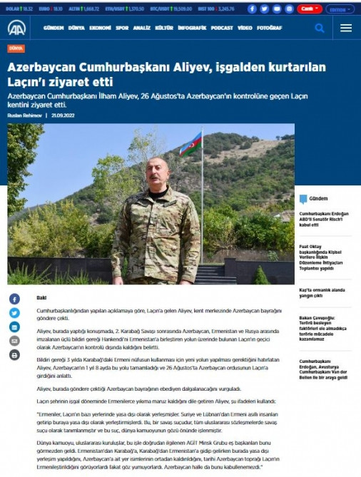 Prezident İlham Əliyevin Laçında Azərbaycan Bayrağını ucaltması Türkiyə mediası tərəfindən geniş işıqlandırılıb<font color=red> - FOTOLAR</font>