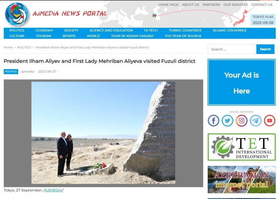 Yaponiya portalı Azərbaycan Prezidentinin Füzuli rayonuna səfəri və burada çıxışı barədə məlumatlar yayıb<font color=red> - FOTOLAR</font>