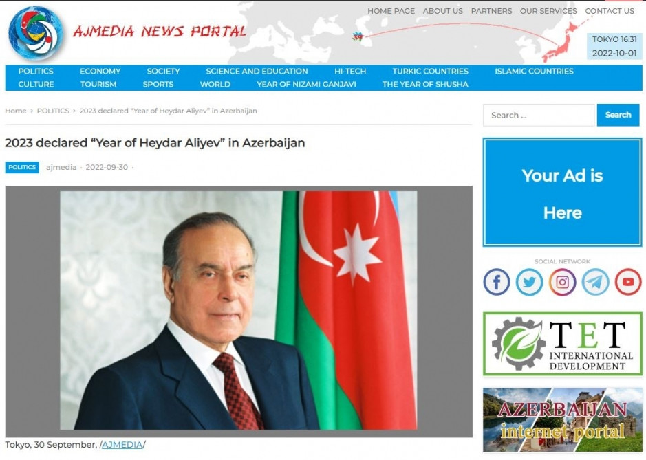 Yaponiya portalı 2023-cü ilin Azərbaycanda “Heydər Əliyev İli” elan edilməsi barədə məlumatlar yayıb<font color=red> - FOTOLAR</font>