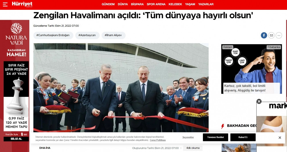 Türkiyə mediası: Prezident Rəcəb Tayyib Ərdoğan Zəngilan aeroportunun ilk rəsmi qonağı oldu<font color=red> - FOTOLAR</font>