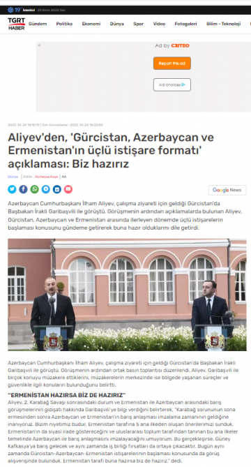 Türkiyə mediası: Prezident Əliyev Gürcüstan-Azərbaycan-Ermənistan üçtərəfli məsləhətləşmə formatı təklif edib<font color=red> - FOTOLAR</font>