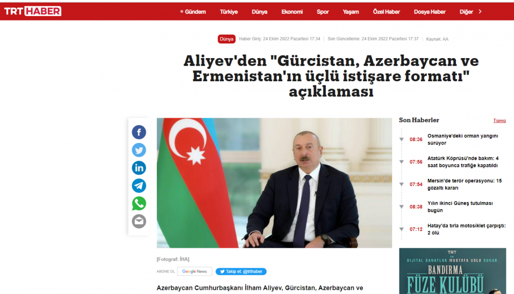 Türkiyə mediası: Prezident Əliyev Gürcüstan-Azərbaycan-Ermənistan üçtərəfli məsləhətləşmə formatı təklif edib<font color=red> - FOTOLAR</font>