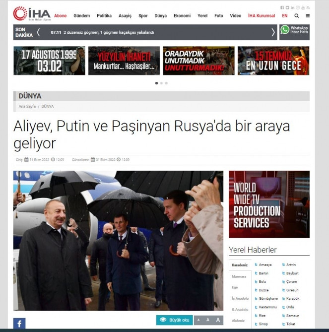 Türkiyə mediası Azərbaycan Prezidentinin Soçi səfərinin təfərrüatlarını geniş işıqlandırıb<font color=red> - FOTOLAR</font>