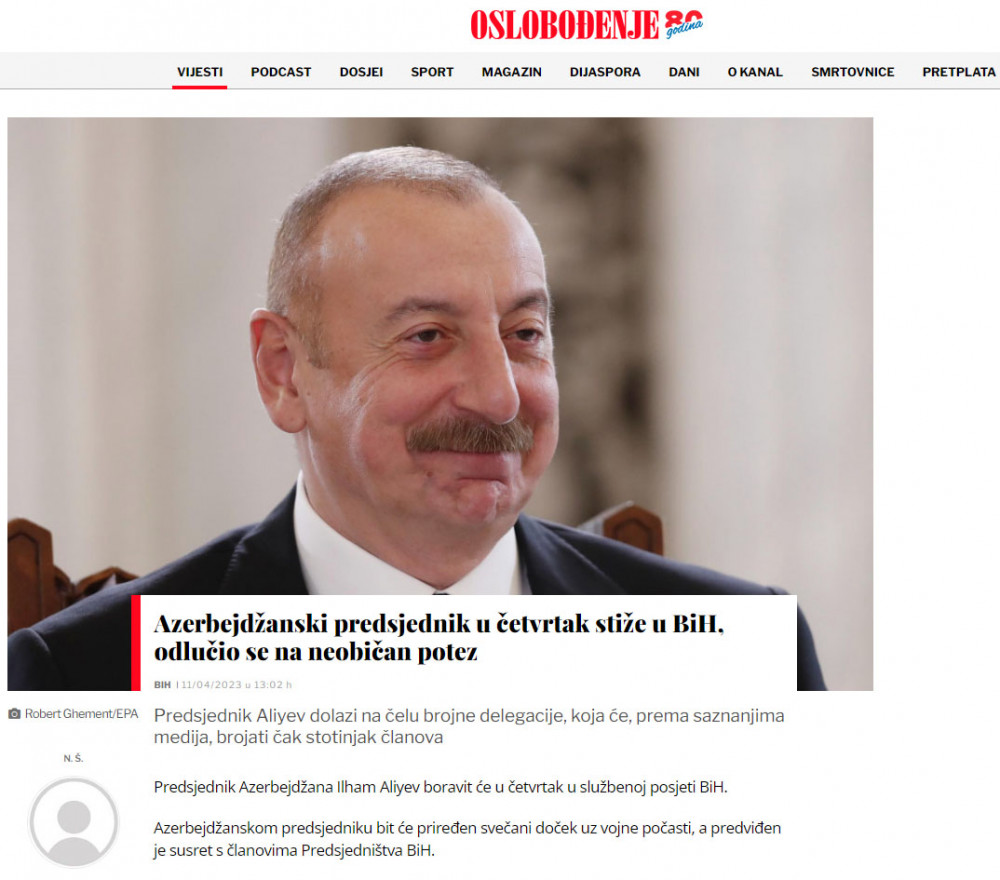 Bosniya və Herseqovina KİV-ləri Prezident İlham Əliyevin bu ölkəyə səfəri ərəfəsində Azərbaycanla bağlı silsilə məqalələr yayımlayıb<font color=red> - FOTOLAR</font>