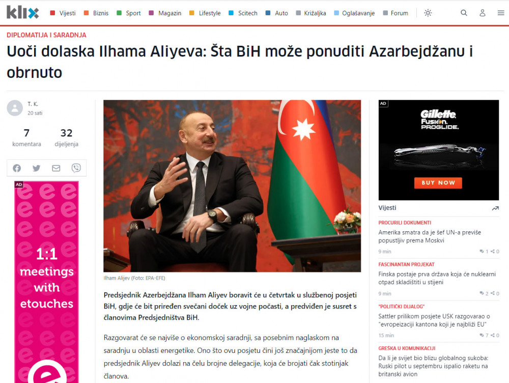 Bosniya və Herseqovina KİV-ləri Prezident İlham Əliyevin bu ölkəyə səfəri ərəfəsində Azərbaycanla bağlı silsilə məqalələr yayımlayıb<font color=red> - FOTOLAR</font>