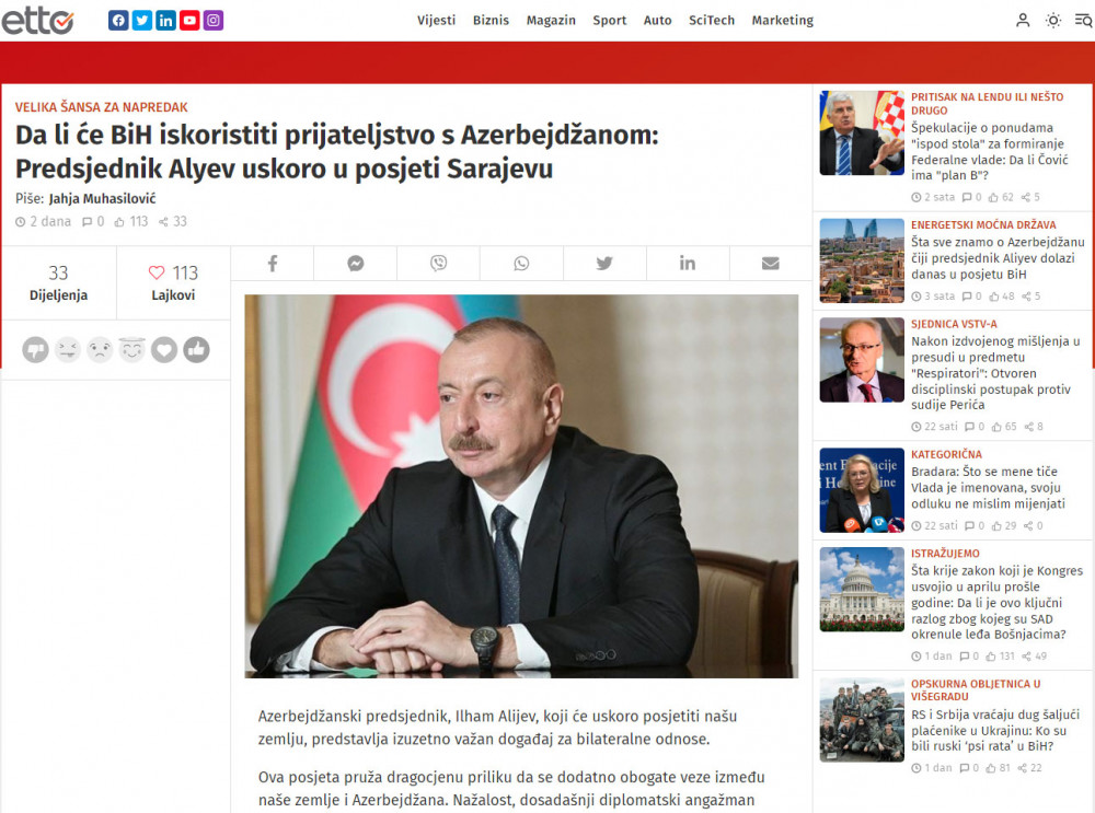 Bosniya və Herseqovina KİV-ləri Prezident İlham Əliyevin bu ölkəyə səfəri ərəfəsində Azərbaycanla bağlı silsilə məqalələr yayımlayıb<font color=red> - FOTOLAR</font>