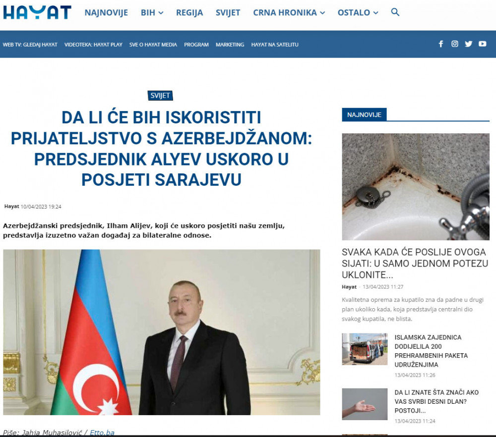 Bosniya və Herseqovina KİV-ləri Prezident İlham Əliyevin bu ölkəyə səfəri ərəfəsində Azərbaycanla bağlı silsilə məqalələr yayımlayıb<font color=red> - FOTOLAR</font>