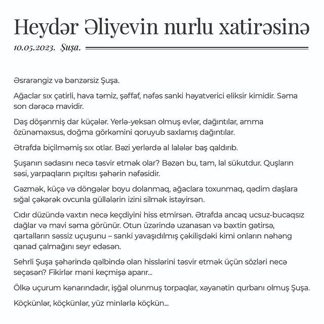 Birinci vitse-prezident Mehriban Əliyeva Heydər Əliyevin 100 illiyi ilə bağlı paylaşım edib<font color=red> - FOTOLAR</font>