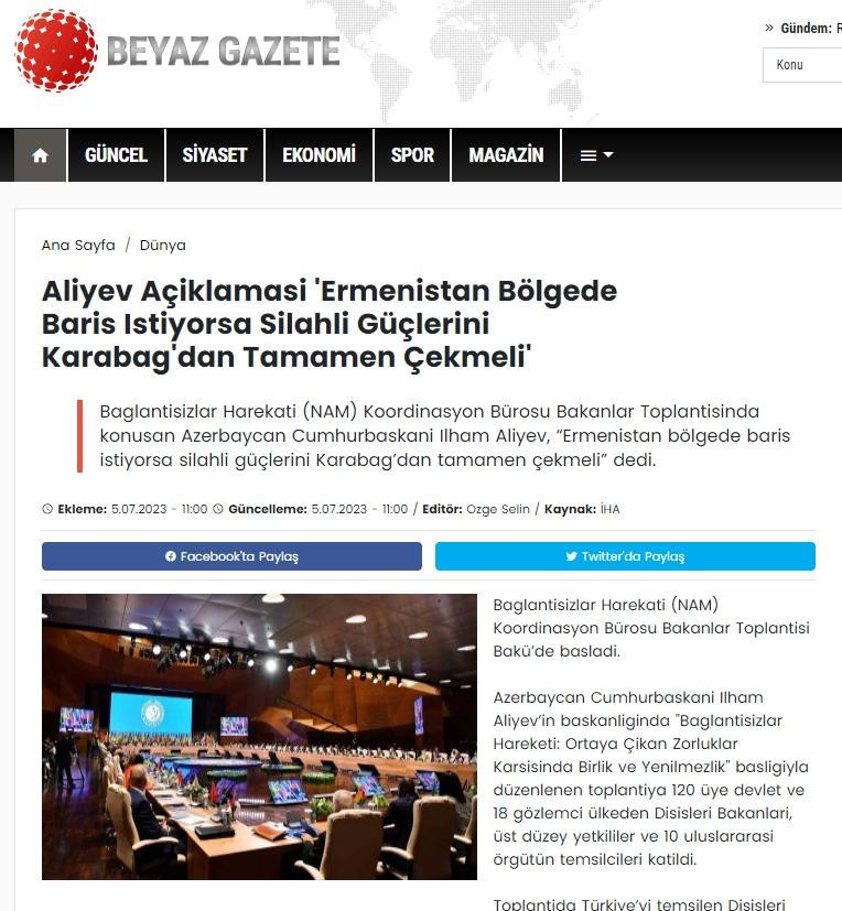 Türkiyə KİV-ləri Prezident İlham Əliyevin Qoşulmama Hərəkatının nazirlər görüşündəki çıxışına geniş yer verib<font color=red> - FOTOLAR</font>