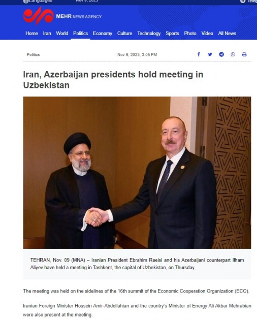 Azərbaycan və İran prezidentlərinin Daşkənddəki görüşü qonşu ölkənin mətbuatında geniş işıqlandırılıb<font color=red> - FOTOLAR</font>