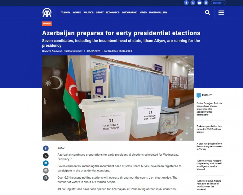 Dünya mediası Azərbaycanda növbədənkənar prezident seçkilərinə hazırlıq prosesindən yazıb<font color=red> - FOTOLAR</font>