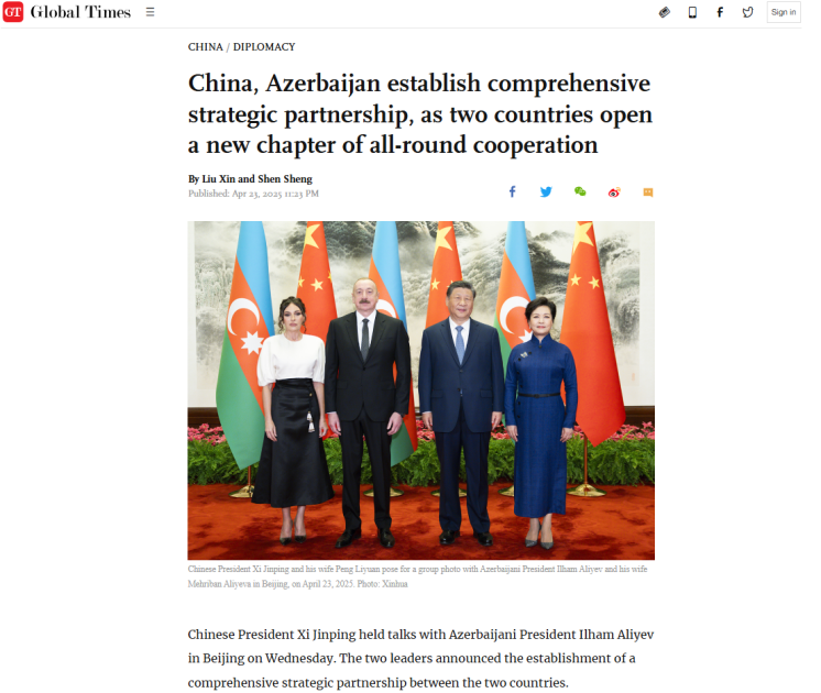 “Global Times”: Azərbaycan və Çin arasında hərtərəfli strateji tərəfdaşlığın yaradılması təbii irəliləyişdir<font color=red> - FOTOLAR</font>
