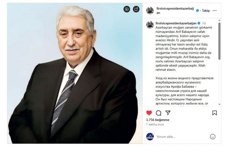 Mehriban Əliyeva Arif Babayevin vəfatı ilə bağlı paylaşım edib<font color=red> - FOTOLAR</font>