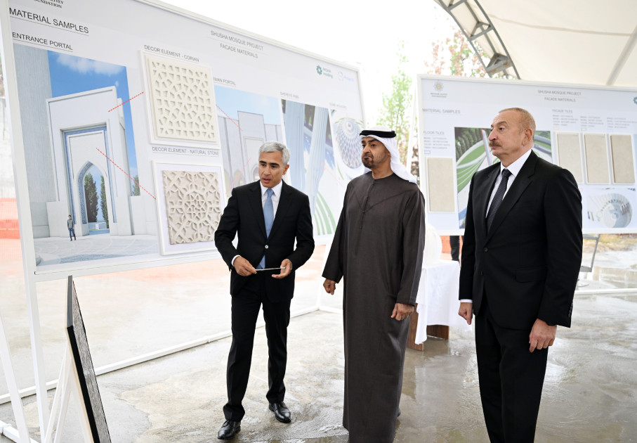 Prezident İlham Əliyev və Prezident Şeyx Məhəmməd bin Zayed Al Nəhyan Yeni Şuşa məscidində tikinti işlərinin gedişi ilə tanış olublar<font color=red> - FOTOLAR</font>