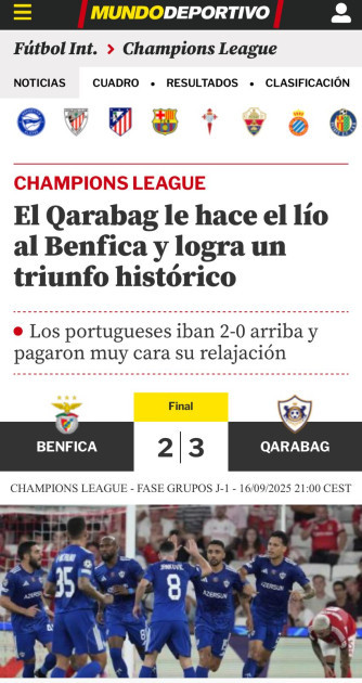 “Qarabağ”ın Portuqaliyada qazandığı tarixi qələbə xarici mətbuatda geniş işıqlandırılıb<font color=red> - FOTOLAR</font>