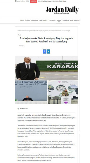 İordaniya mediası Azərbaycanın Dövlət Suverenliyi Günü ilə bağlı yazıb<font color=red> - FOTOLAR</font>