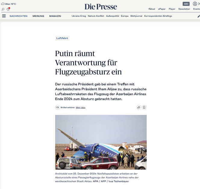 Avstriya mətbuatı: Rusiya AZAL təyyarəsinin qəzasına görə məsuliyyəti öz üzərinə götürüb<font color=red> - FOTOLAR</font>