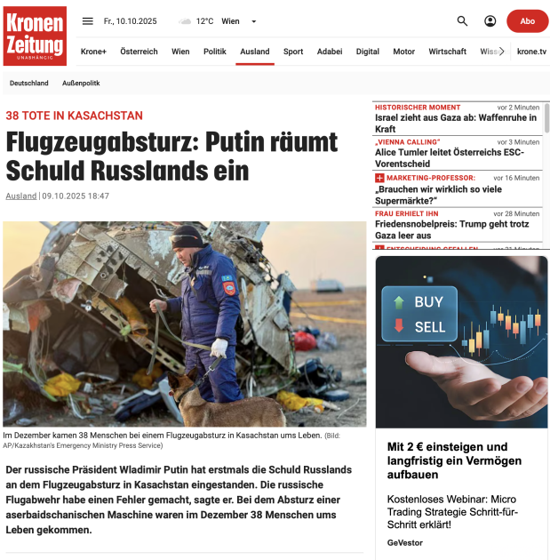 Avstriya mətbuatı: Rusiya AZAL təyyarəsinin qəzasına görə məsuliyyəti öz üzərinə götürüb<font color=red> - FOTOLAR</font>