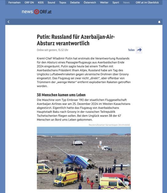 Avstriya mətbuatı: Rusiya AZAL təyyarəsinin qəzasına görə məsuliyyəti öz üzərinə götürüb<font color=red> - FOTOLAR</font>