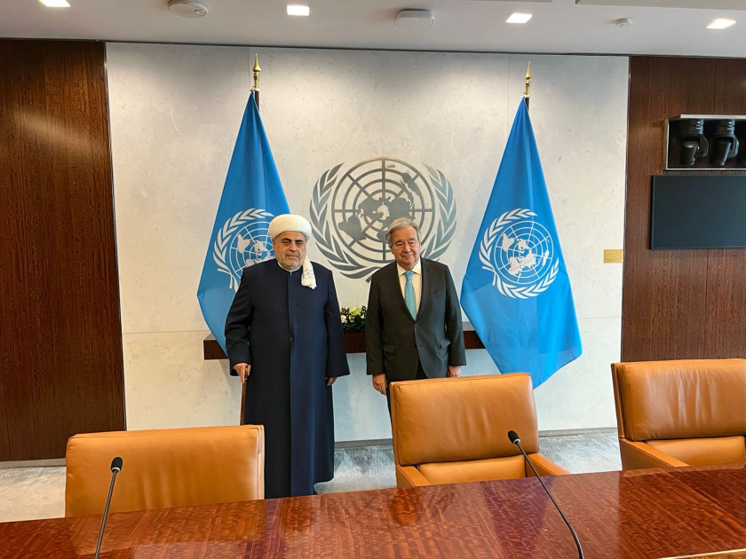 Qafqaz Müsəlmanları İdarəsinin sədri Nyu-Yorkda BMT-nin Baş katibi ilə görüşüb<font color=red> - FOTOLAR</font>